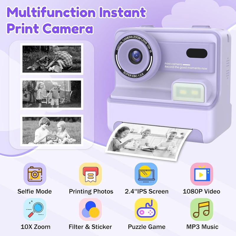 STKEN Instant Camera, Instant Print Camera for Kids with 1080P Videos, Front Rear Dual Selfie, 3 Rolls Print Paper & 32GB SD Cards, Christmas Birthday Gifts for Girls Age 3-12 - Image 2